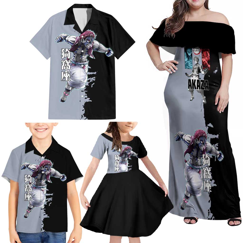 Akaza from Demon Slayer Family Matching Off Shoulder Maxi Dress and Hawaiian Shirt with Split Color Background and Martial Arts Pose Manga Style Design - The Mazicc