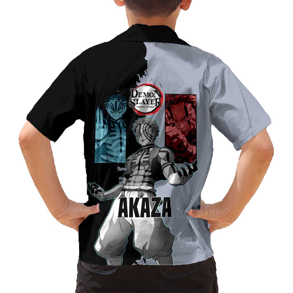 Akaza from Demon Slayer Family Matching Off Shoulder Maxi Dress and Hawaiian Shirt with Split Color Background and Martial Arts Pose Manga Style Design - The Mazicc