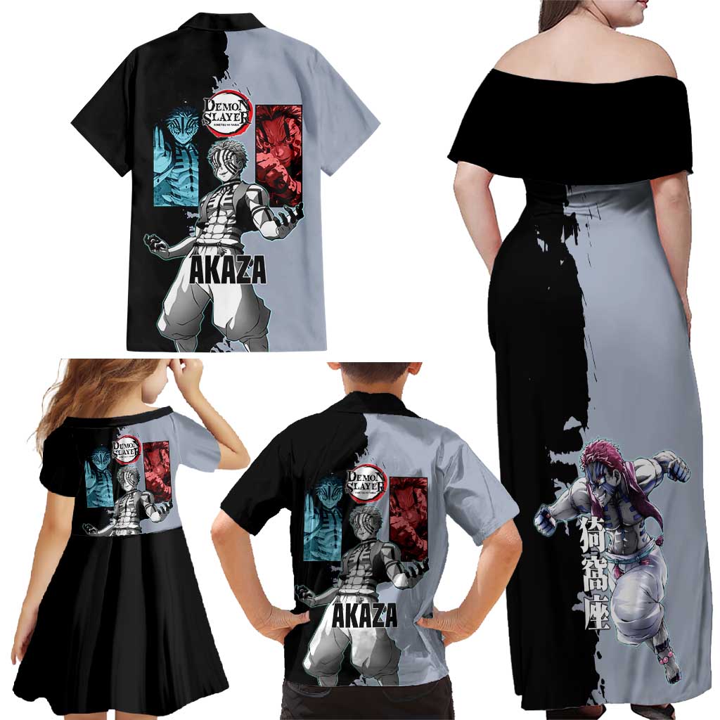 Akaza from Demon Slayer Family Matching Off Shoulder Maxi Dress and Hawaiian Shirt with Split Color Background and Martial Arts Pose Manga Style Design - The Mazicc