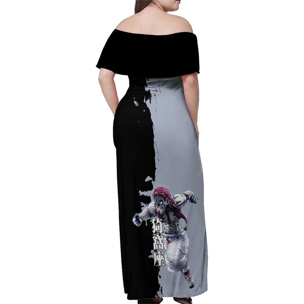 Akaza from Demon Slayer Family Matching Off Shoulder Maxi Dress and Hawaiian Shirt with Split Color Background and Martial Arts Pose Manga Style Design - The Mazicc