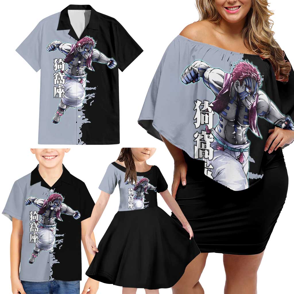 Akaza from Demon Slayer Family Matching Off Shoulder Short Dress and Hawaiian Shirt with Split Color Background and Martial Arts Pose Manga Style Design - The Mazicc