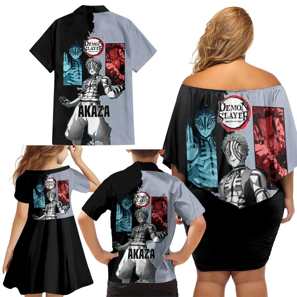 Akaza from Demon Slayer Family Matching Off Shoulder Short Dress and Hawaiian Shirt with Split Color Background and Martial Arts Pose Manga Style Design - The Mazicc