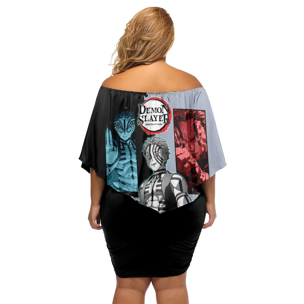Akaza from Demon Slayer Family Matching Off Shoulder Short Dress and Hawaiian Shirt with Split Color Background and Martial Arts Pose Manga Style Design - The Mazicc