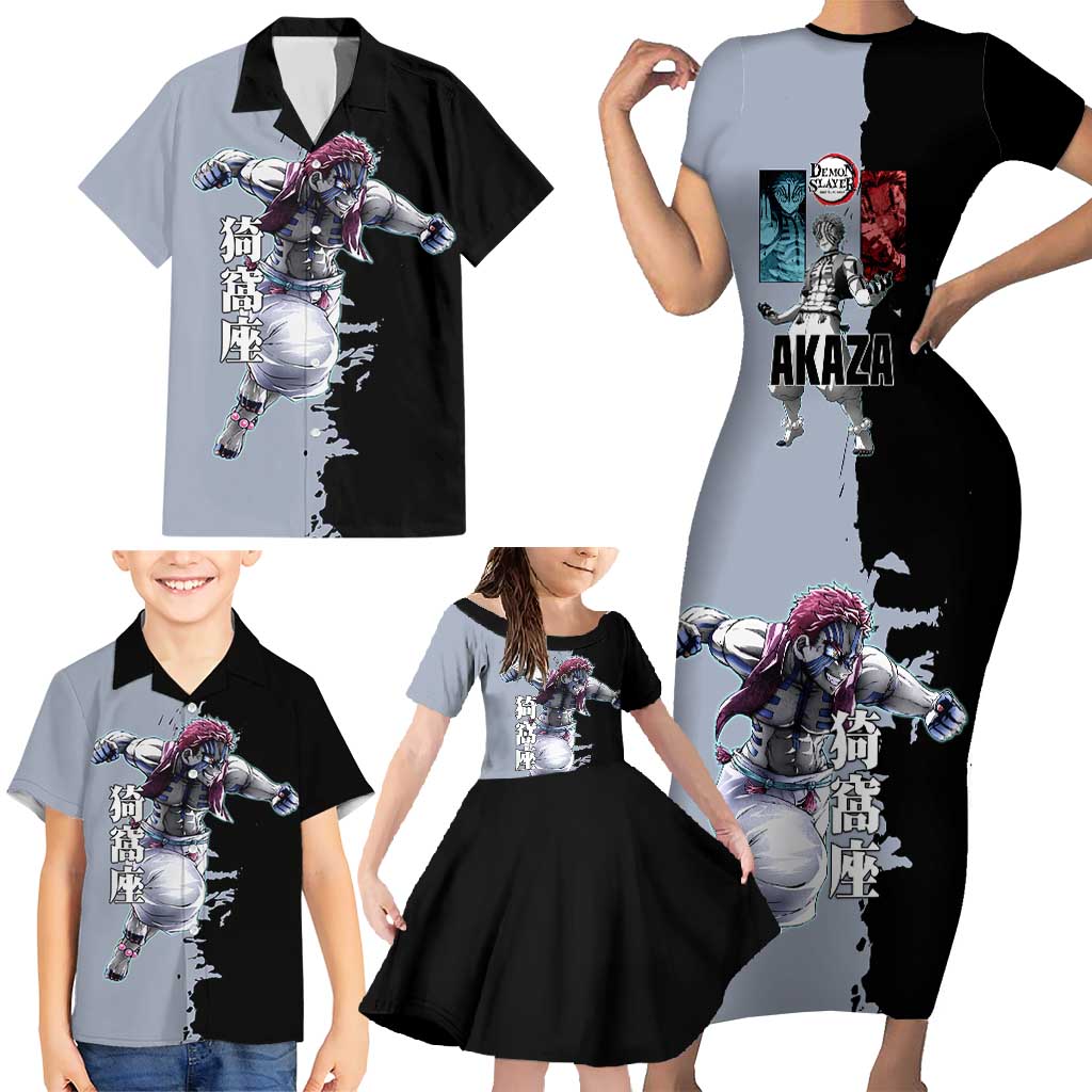 Akaza from Demon Slayer Family Matching Short Sleeve Bodycon Dress and Hawaiian Shirt with Split Color Background and Martial Arts Pose Manga Style Design - The Mazicc