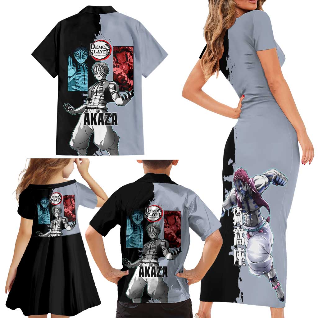 Akaza from Demon Slayer Family Matching Short Sleeve Bodycon Dress and Hawaiian Shirt with Split Color Background and Martial Arts Pose Manga Style Design - The Mazicc