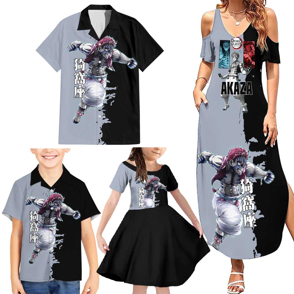 Akaza from Demon Slayer Family Matching Summer Maxi Dress and Hawaiian Shirt with Split Color Background and Martial Arts Pose Manga Style Design - The Mazicc