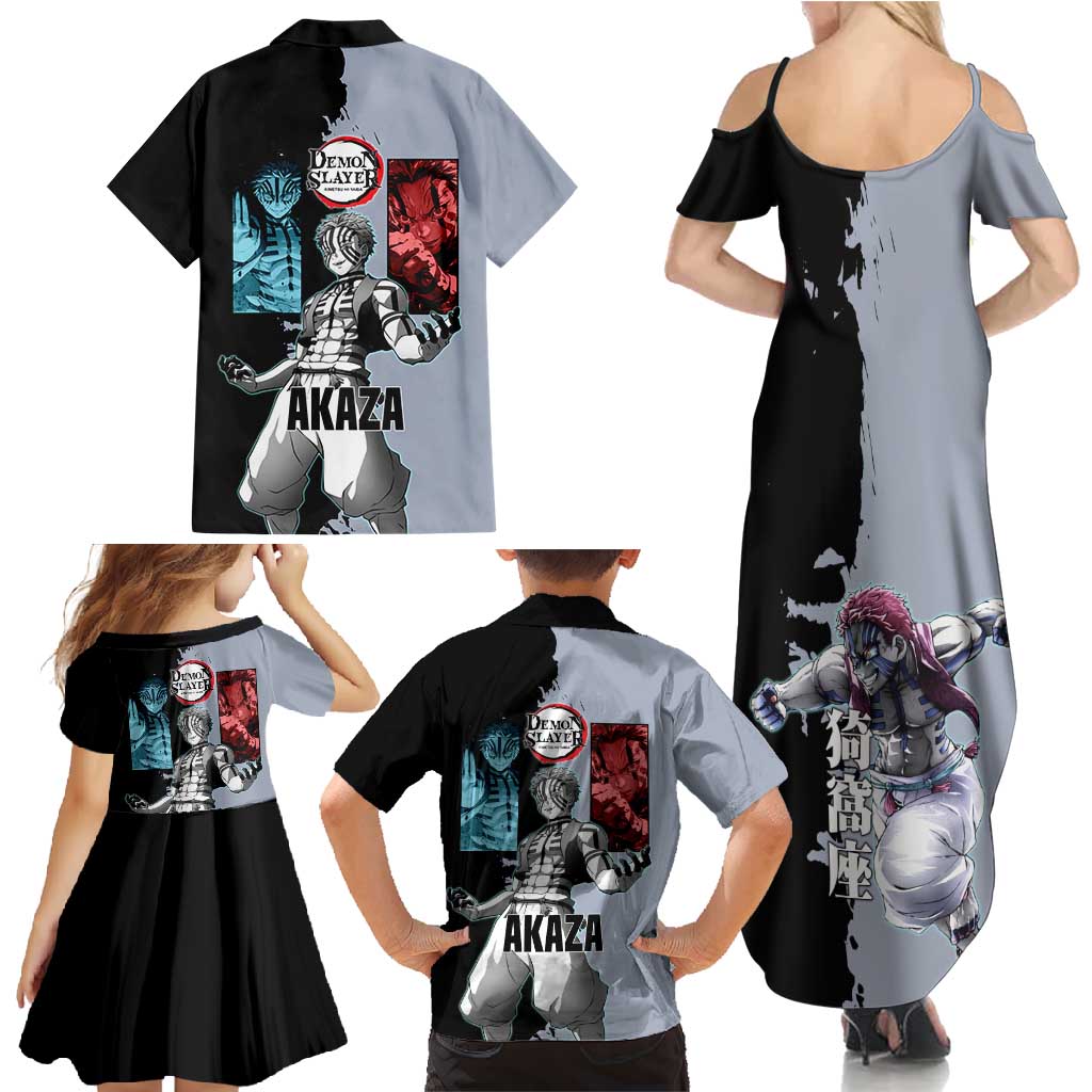 Akaza from Demon Slayer Family Matching Summer Maxi Dress and Hawaiian Shirt with Split Color Background and Martial Arts Pose Manga Style Design - The Mazicc