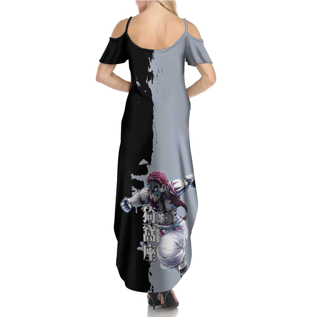 Akaza from Demon Slayer Family Matching Summer Maxi Dress and Hawaiian Shirt with Split Color Background and Martial Arts Pose Manga Style Design - The Mazicc