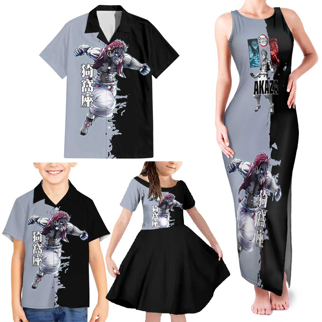Akaza from Demon Slayer Family Matching Tank Maxi Dress and Hawaiian Shirt with Split Color Background and Martial Arts Pose Manga Style Design - The Mazicc