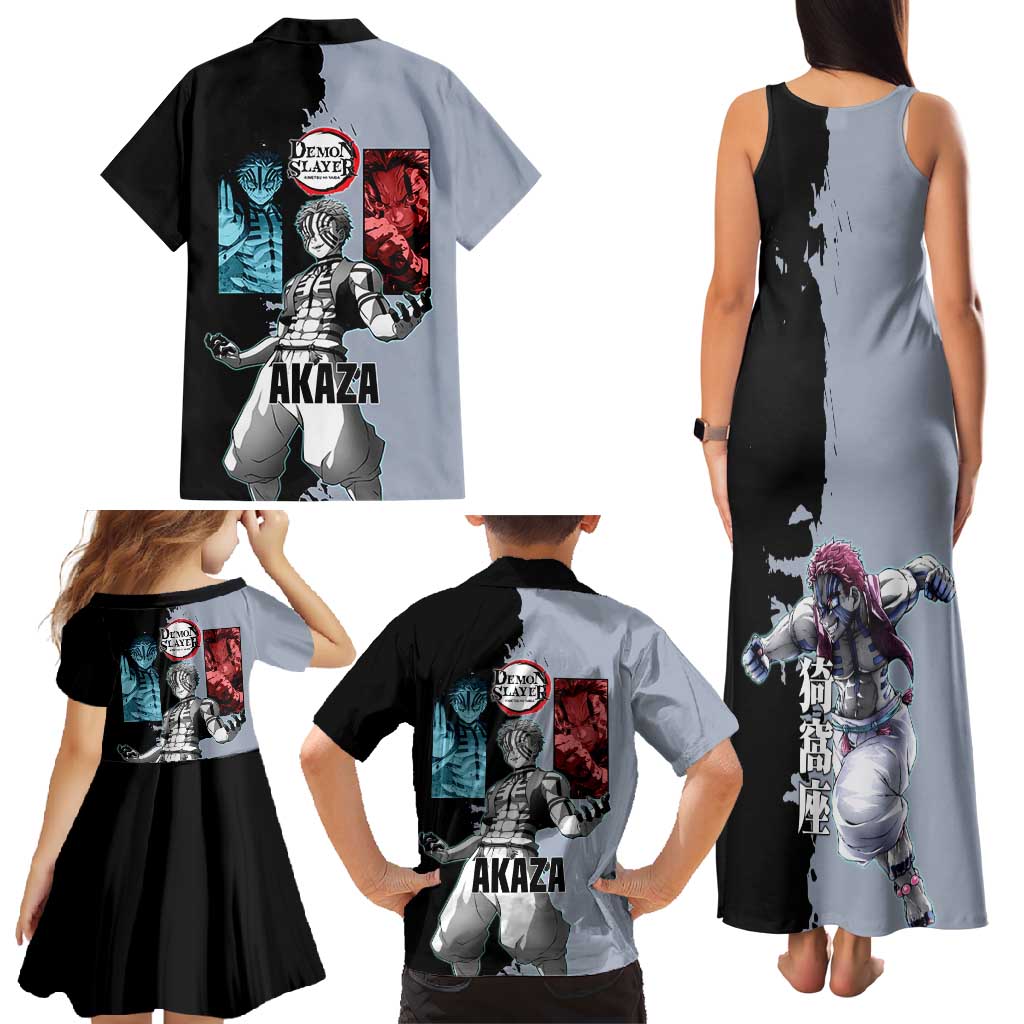 Akaza from Demon Slayer Family Matching Tank Maxi Dress and Hawaiian Shirt with Split Color Background and Martial Arts Pose Manga Style Design - The Mazicc