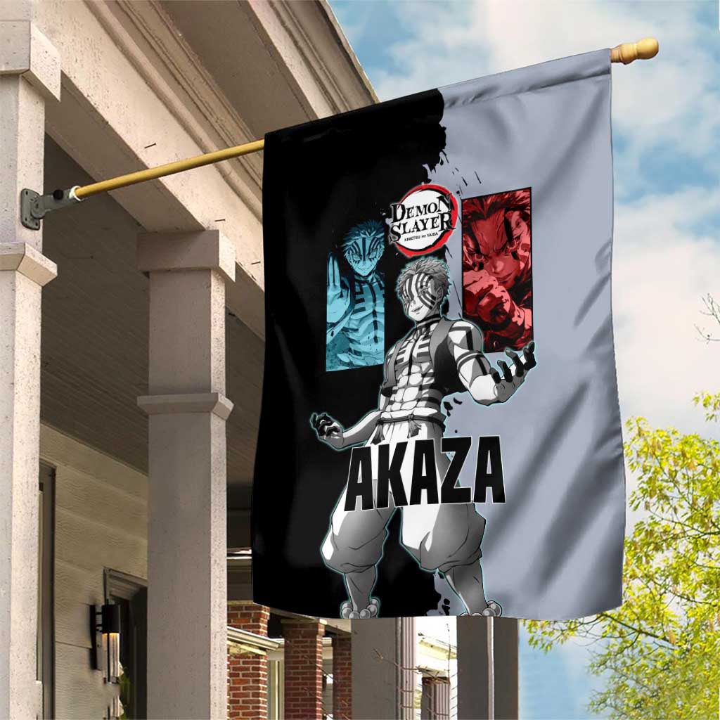 Akaza from Demon Slayer Garden Flag with Split Color Background and Martial Arts Pose Manga Style Design - The Mazicc