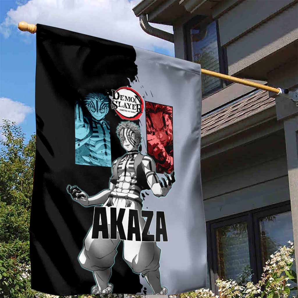 Akaza from Demon Slayer Garden Flag with Split Color Background and Martial Arts Pose Manga Style Design - The Mazicc