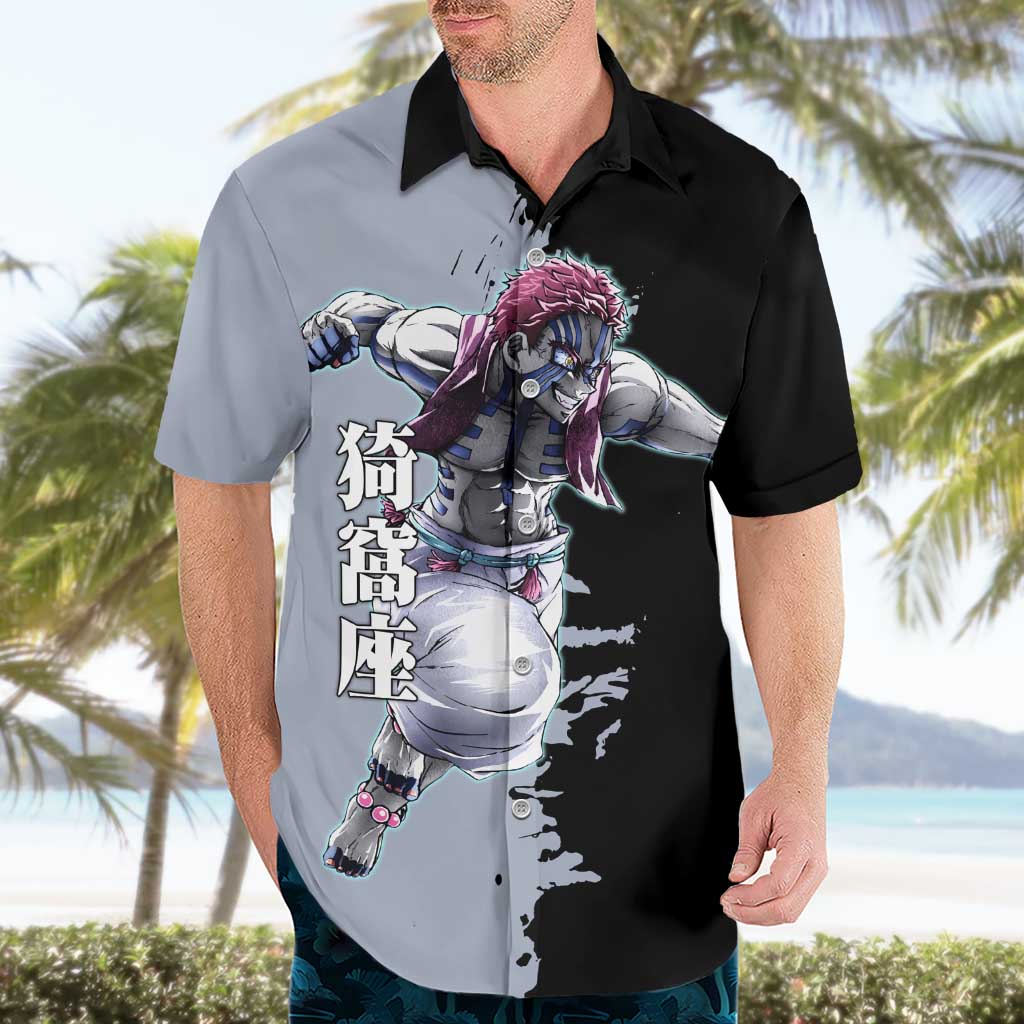 Akaza from Demon Slayer Hawaiian Shirt with Split Color Background and Martial Arts Pose Manga Style Design - The Mazicc