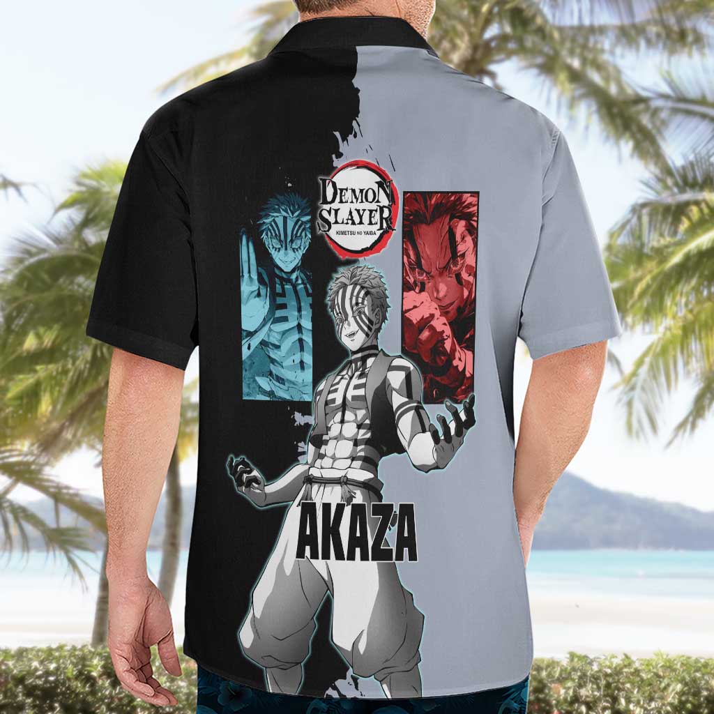 Akaza from Demon Slayer Hawaiian Shirt with Split Color Background and Martial Arts Pose Manga Style Design - The Mazicc