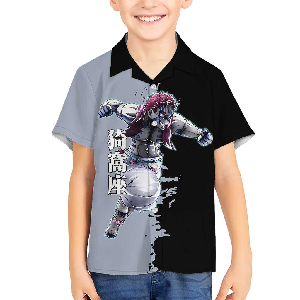 Akaza from Demon Slayer Hawaiian Shirt with Split Color Background and Martial Arts Pose Manga Style Design - The Mazicc