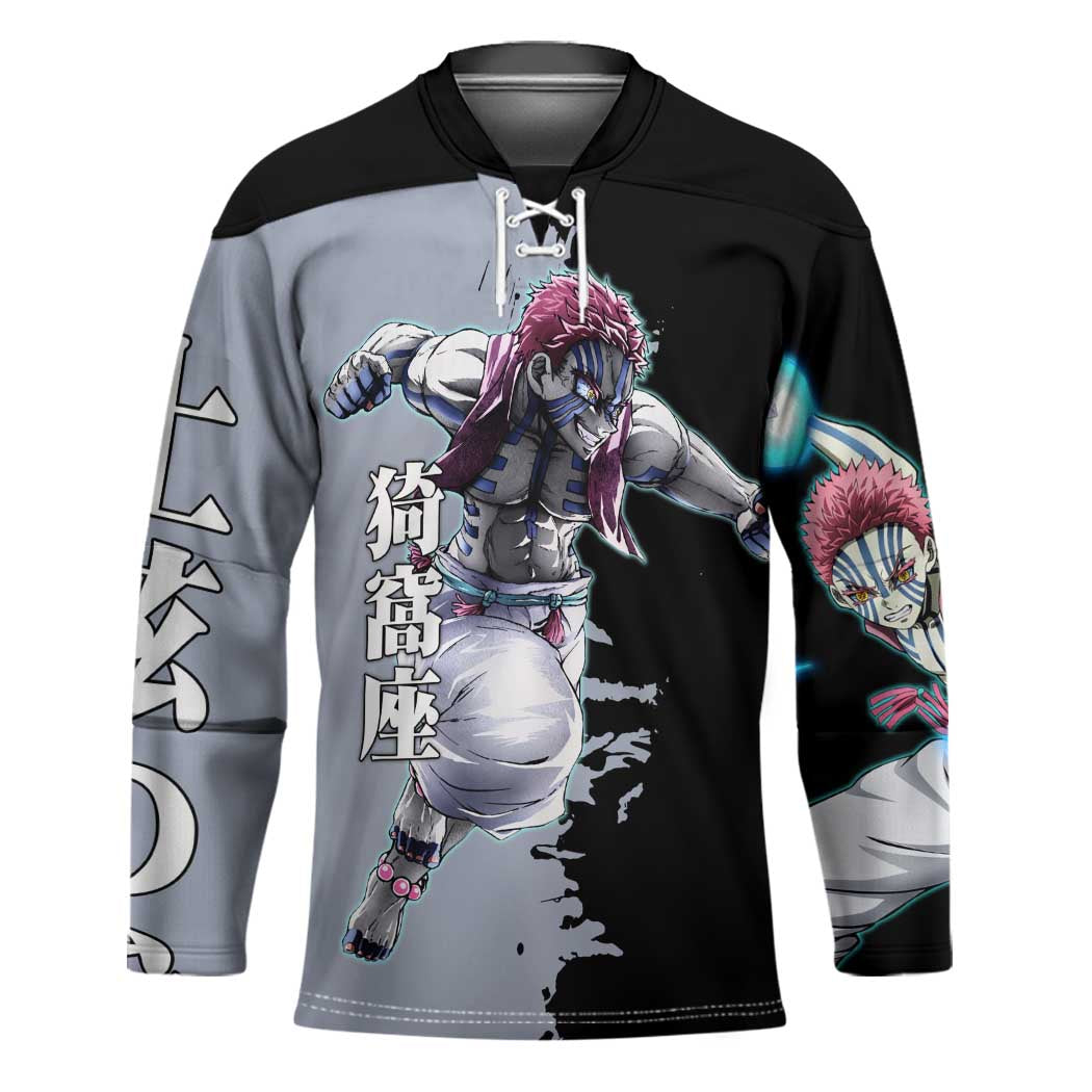 Akaza from Demon Slayer Hockey Jersey with Split Color Background and Martial Arts Pose Manga Style Design - The Mazicc