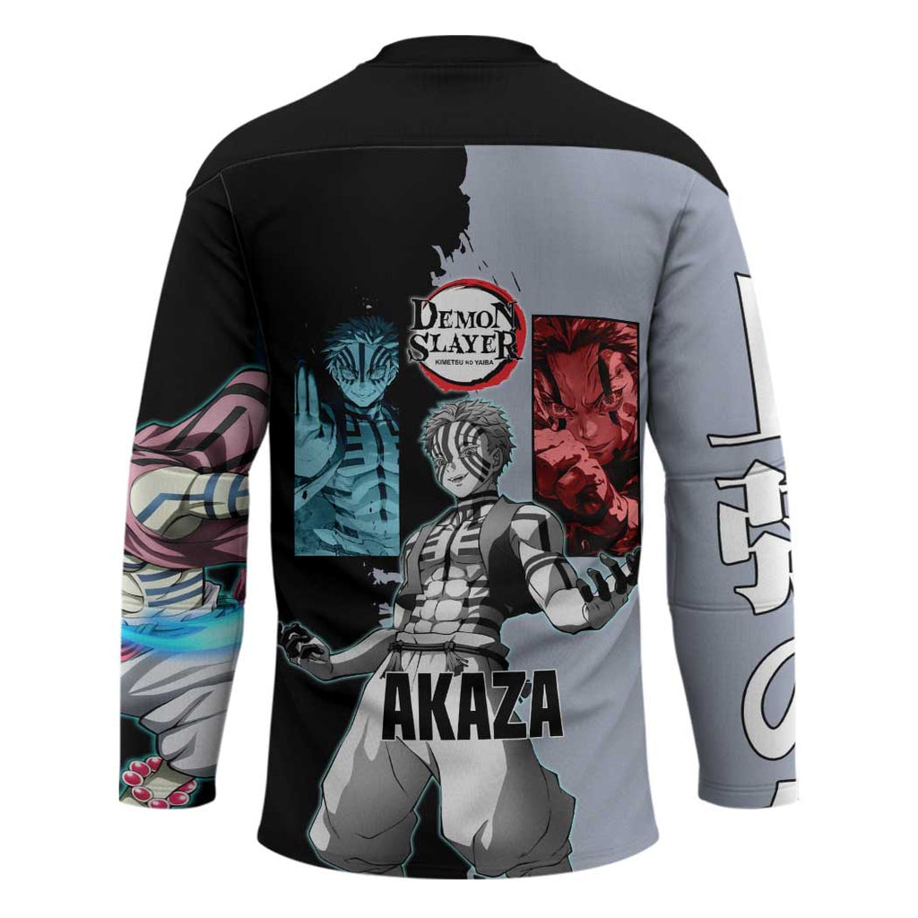 Akaza from Demon Slayer Hockey Jersey with Split Color Background and Martial Arts Pose Manga Style Design - The Mazicc