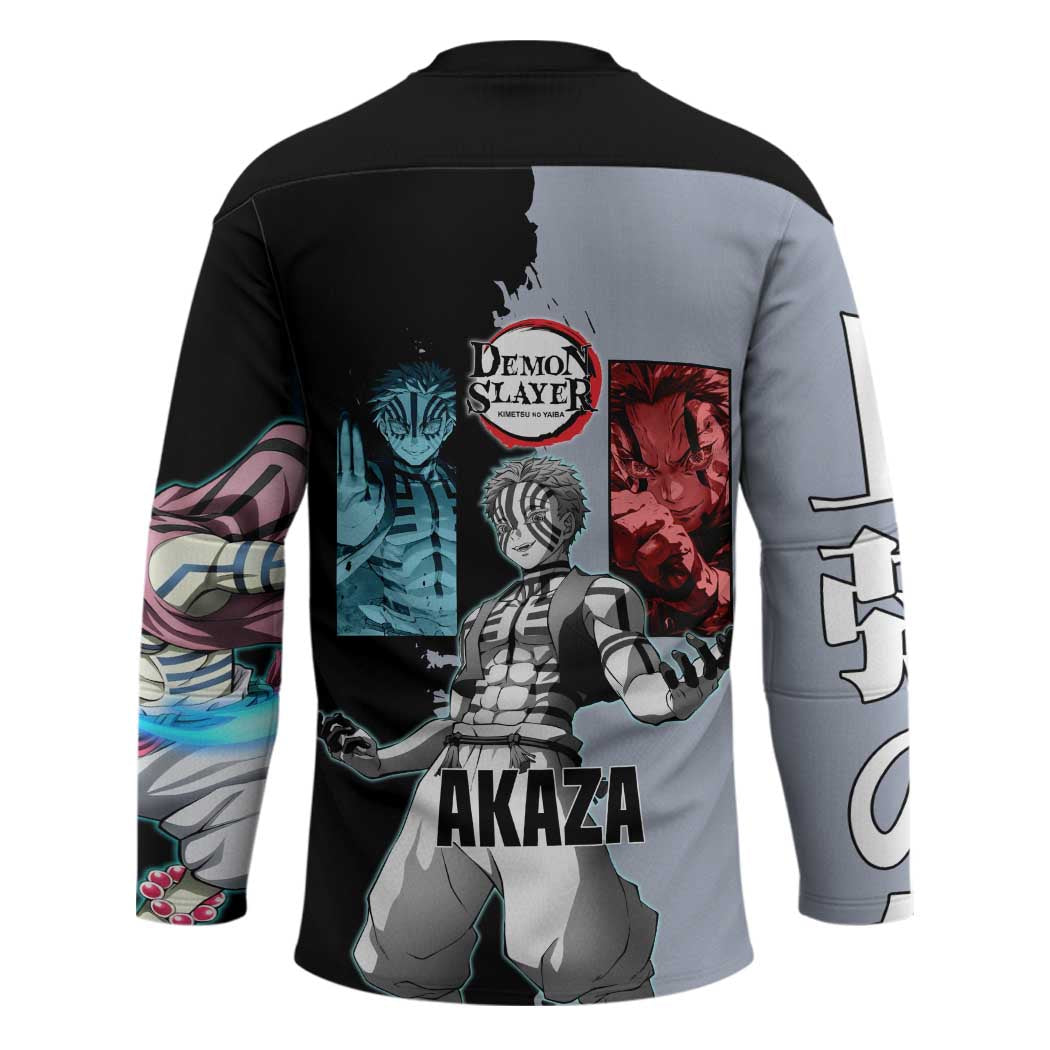 Akaza from Demon Slayer Hockey Jersey with Split Color Background and Martial Arts Pose Manga Style Design - The Mazicc