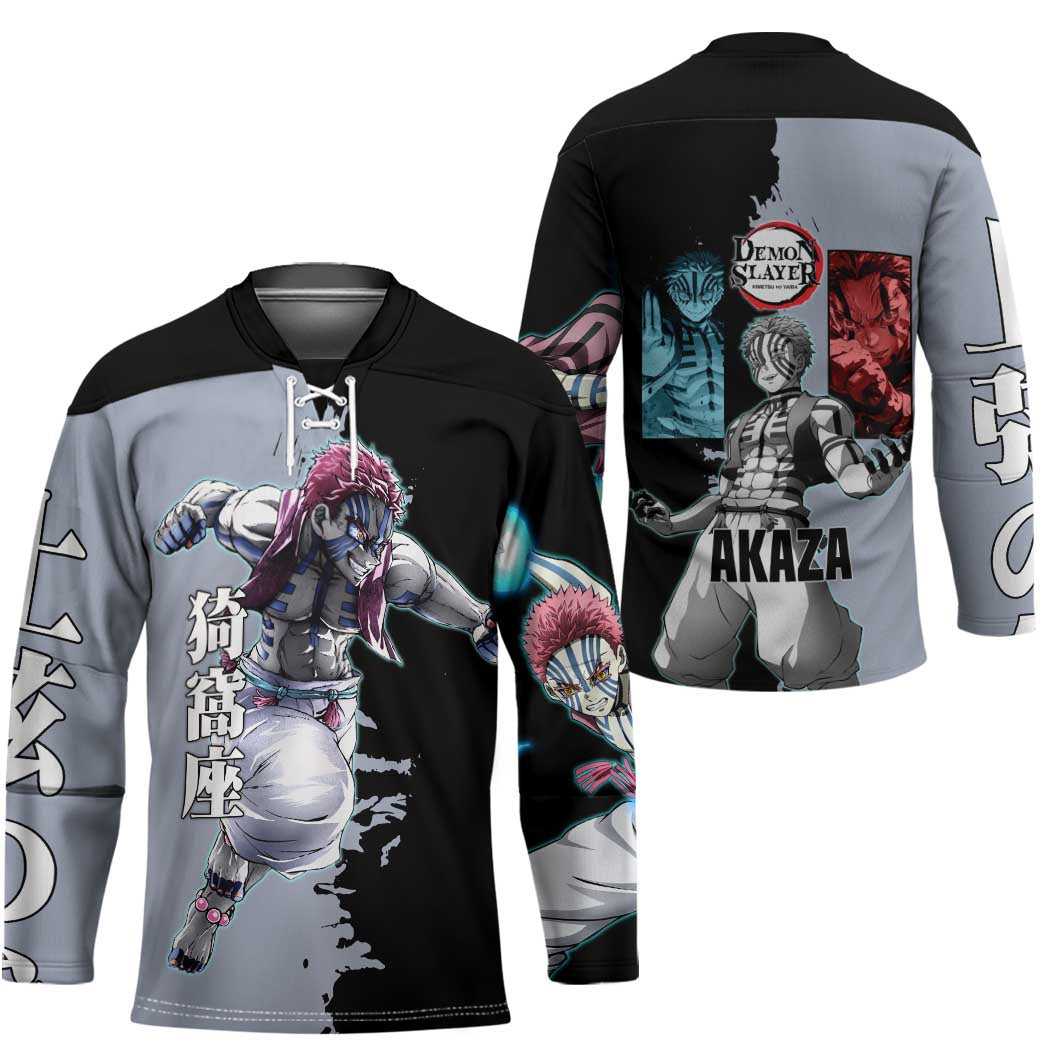 Akaza from Demon Slayer Hockey Jersey with Split Color Background and Martial Arts Pose Manga Style Design - The Mazicc