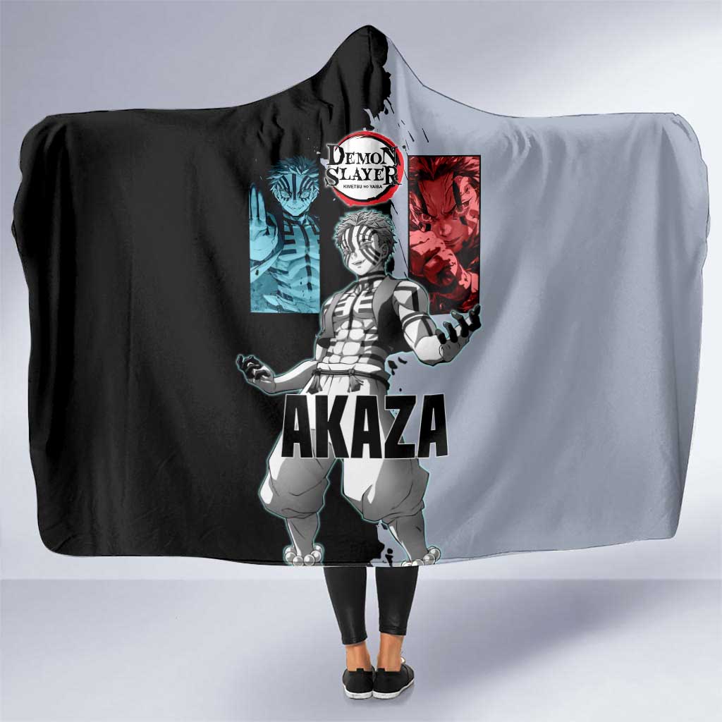 Akaza from Demon Slayer Hooded Blanket with Split Color Background and Martial Arts Pose Manga Style Design - The Mazicc