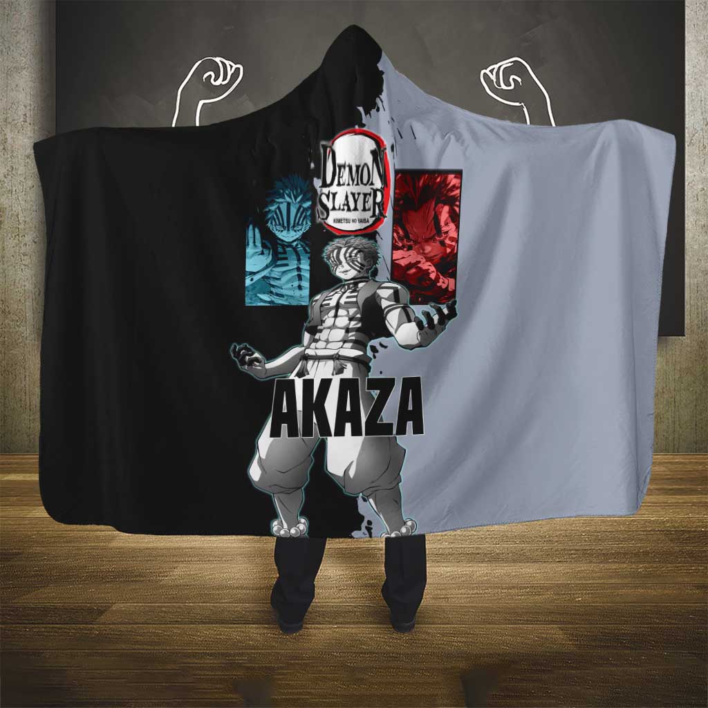 Akaza from Demon Slayer Hooded Blanket with Split Color Background and Martial Arts Pose Manga Style Design - The Mazicc