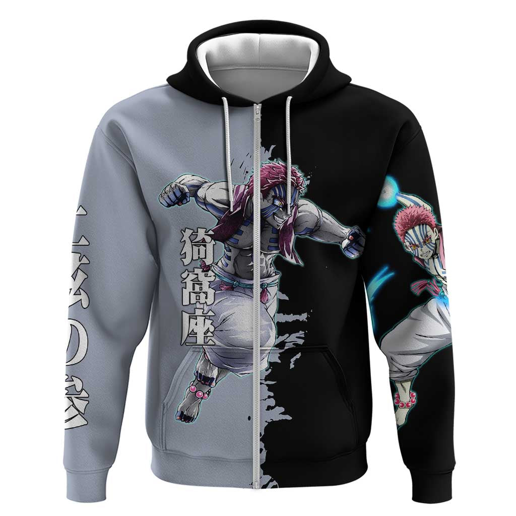 Akaza from Demon Slayer Hoodie with Split Color Background and Martial Arts Pose Manga Style Design - The Mazicc