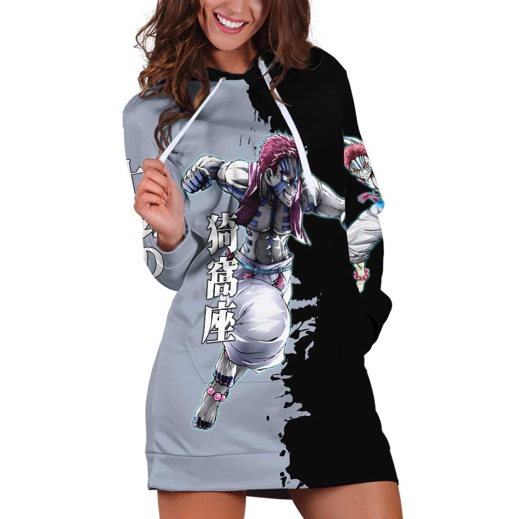 Akaza from Demon Slayer Hoodie Dress with Split Color Background and Martial Arts Pose Manga Style Design - The Mazicc