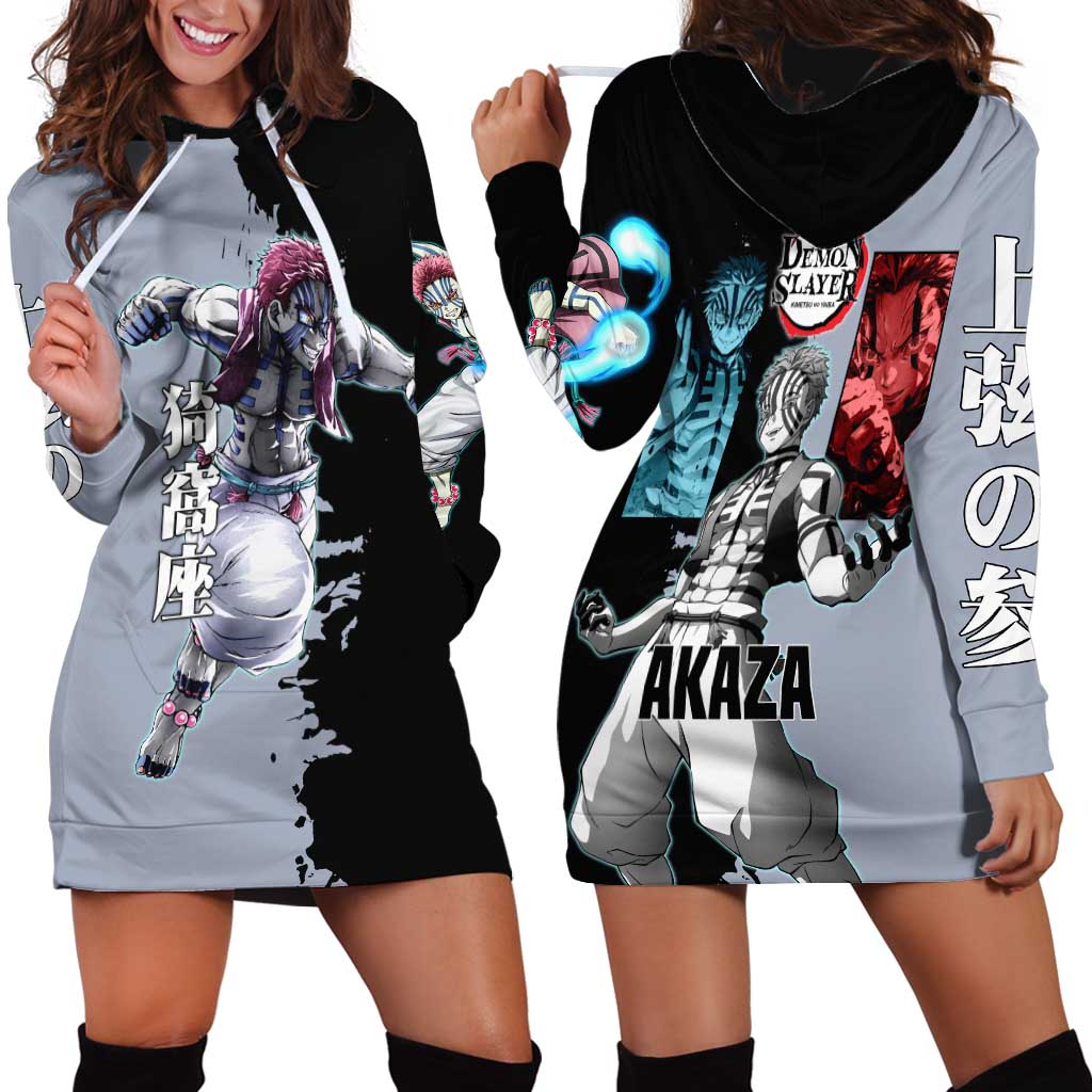 Akaza from Demon Slayer Hoodie Dress with Split Color Background and Martial Arts Pose Manga Style Design - The Mazicc