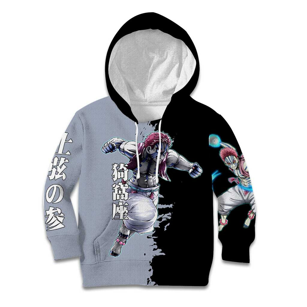 Akaza from Demon Slayer Kid Hoodie with Split Color Background and Martial Arts Pose Manga Style Design - The Mazicc