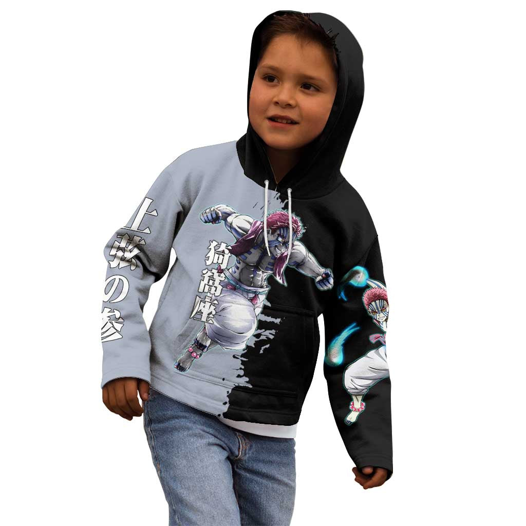Akaza from Demon Slayer Kid Hoodie with Split Color Background and Martial Arts Pose Manga Style Design - The Mazicc