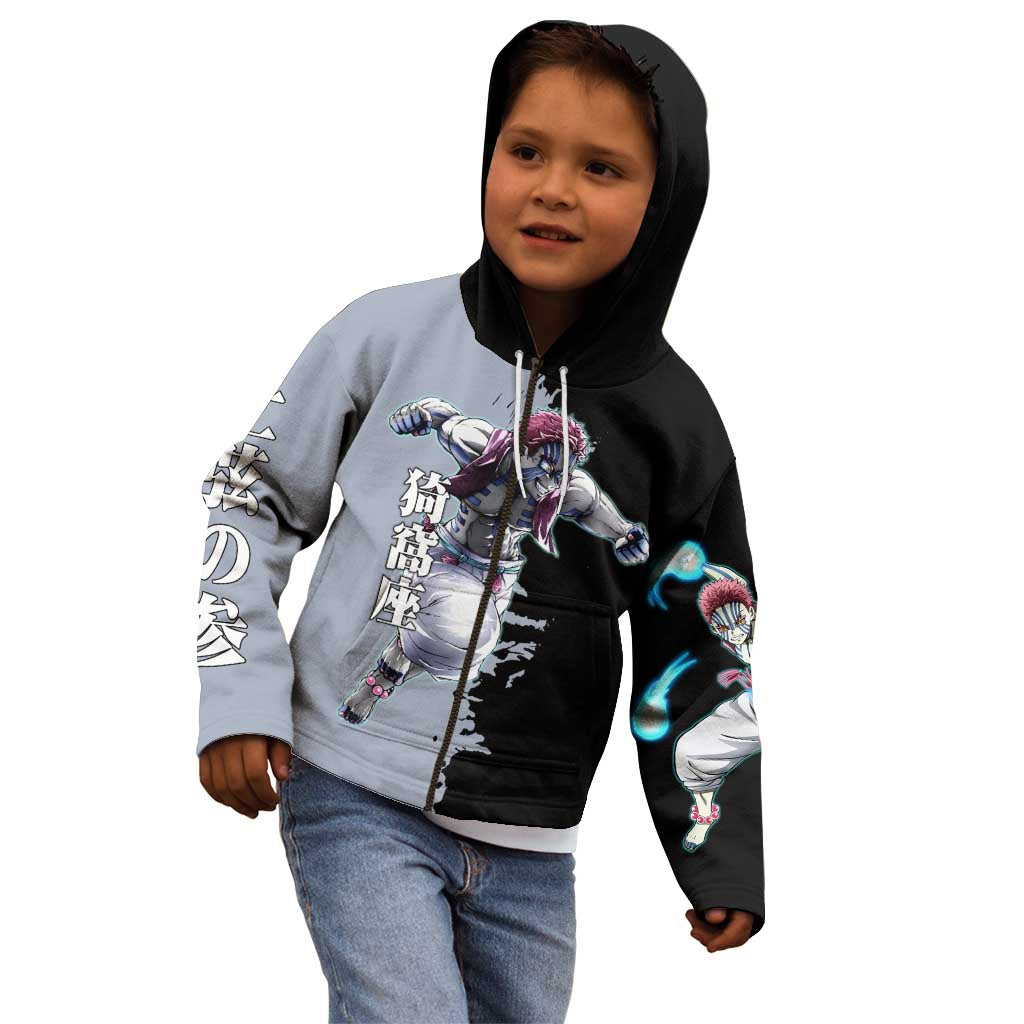 Akaza from Demon Slayer Kid Hoodie with Split Color Background and Martial Arts Pose Manga Style Design - The Mazicc