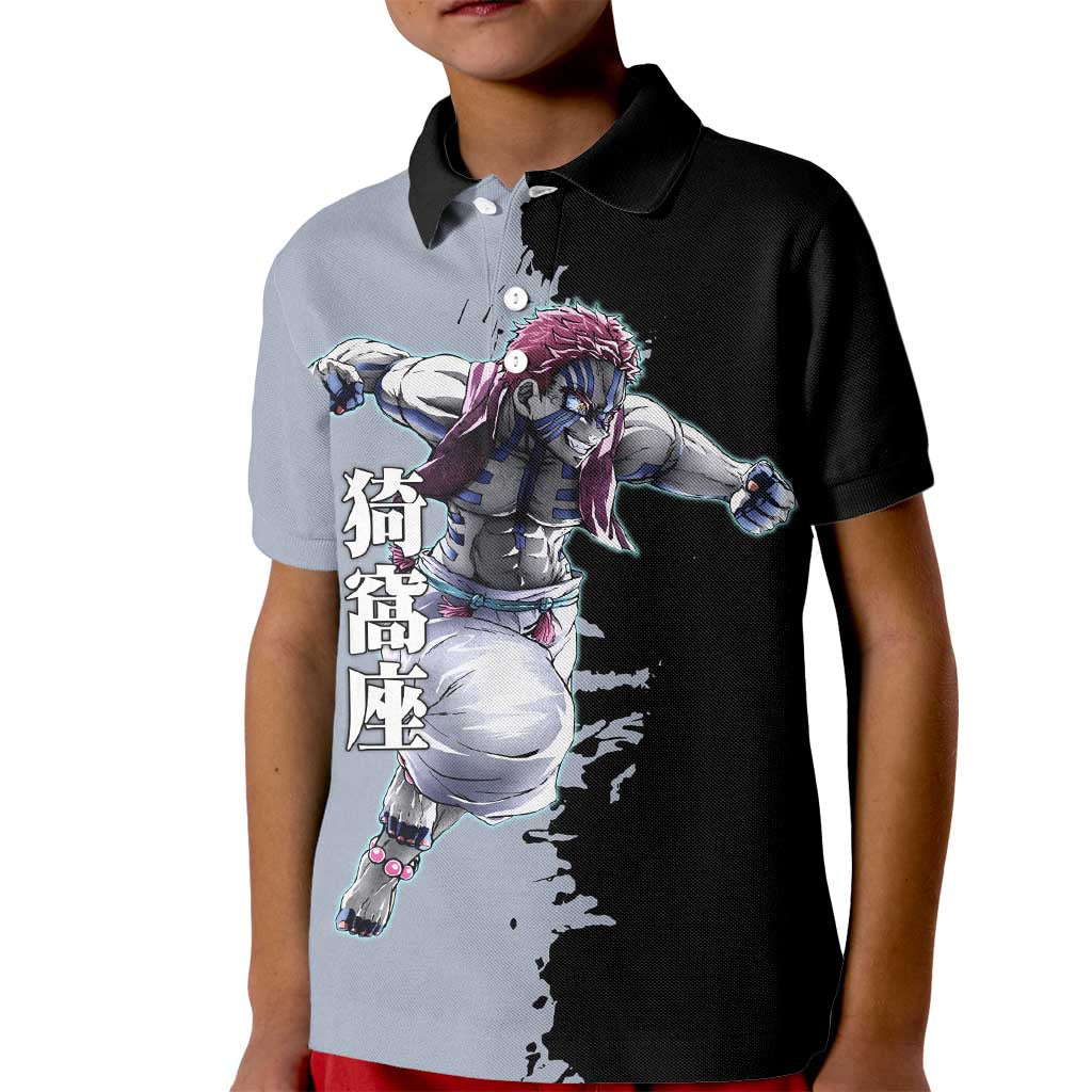 Akaza from Demon Slayer Kid Polo Shirt with Split Color Background and Martial Arts Pose Manga Style Design - The Mazicc