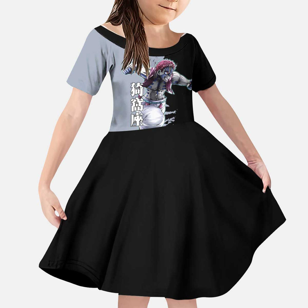 Akaza from Demon Slayer Kid Short Sleeve Dress with Split Color Background and Martial Arts Pose Manga Style Design - The Mazicc
