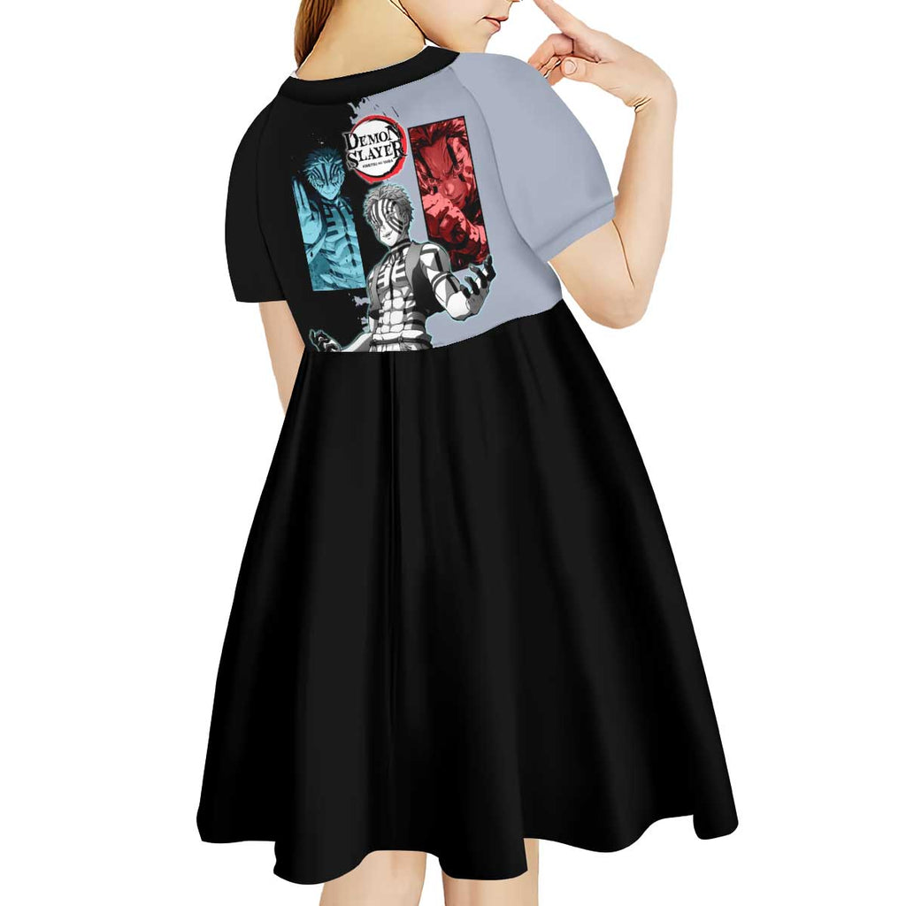 Akaza from Demon Slayer Kid Short Sleeve Dress with Split Color Background and Martial Arts Pose Manga Style Design - The Mazicc