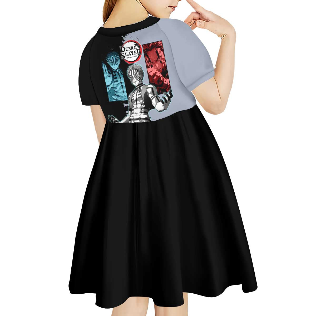 Akaza from Demon Slayer Kid Short Sleeve Dress with Split Color Background and Martial Arts Pose Manga Style Design - The Mazicc