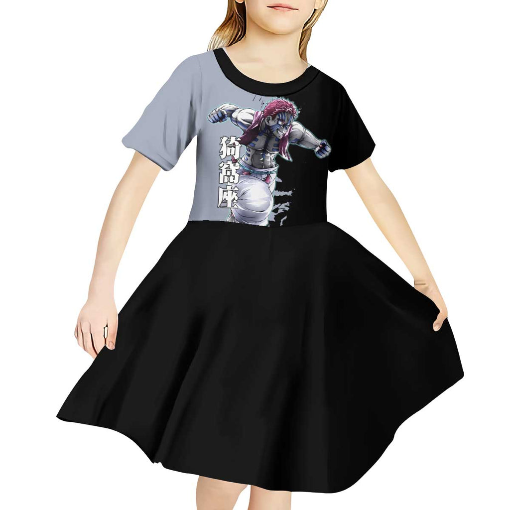 Akaza from Demon Slayer Kid Short Sleeve Dress with Split Color Background and Martial Arts Pose Manga Style Design - The Mazicc
