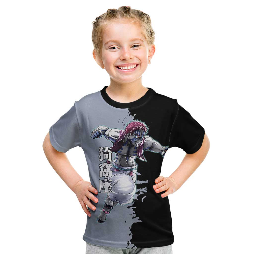 Akaza from Demon Slayer Kid T Shirt with Split Color Background and Martial Arts Pose Manga Style Design - The Mazicc