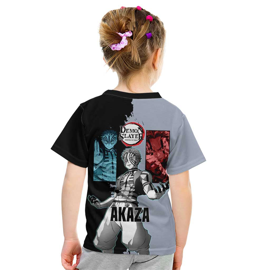 Akaza from Demon Slayer Kid T Shirt with Split Color Background and Martial Arts Pose Manga Style Design - The Mazicc