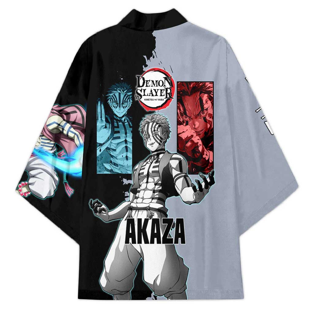 Akaza from Demon Slayer Kimono with Split Color Background and Martial Arts Pose Manga Style Design - The Mazicc