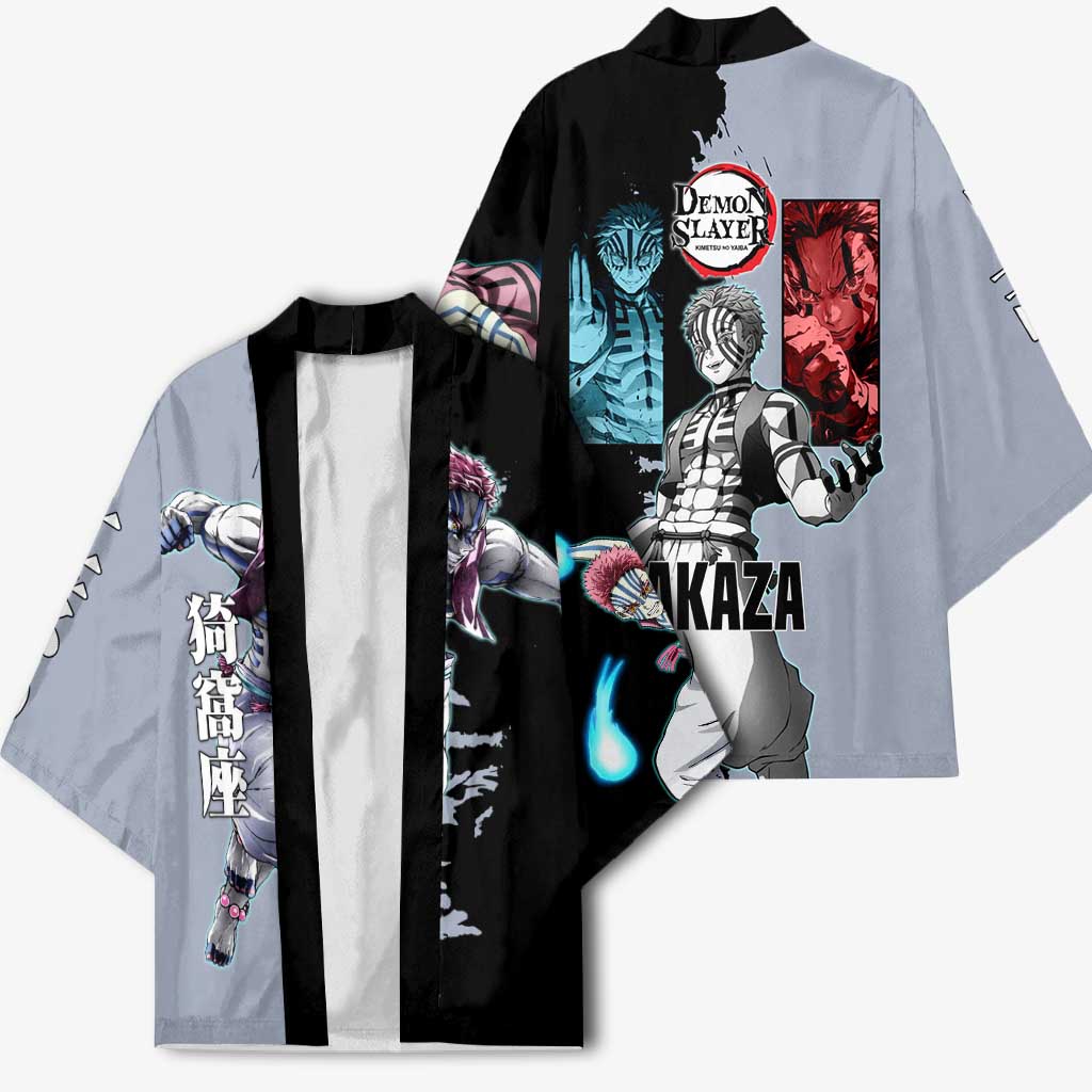 Akaza from Demon Slayer Kimono with Split Color Background and Martial Arts Pose Manga Style Design - The Mazicc
