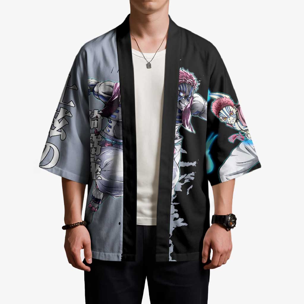 Akaza from Demon Slayer Kimono with Split Color Background and Martial Arts Pose Manga Style Design - The Mazicc