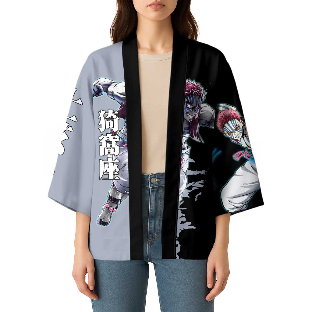 Akaza from Demon Slayer Kimono with Split Color Background and Martial Arts Pose Manga Style Design - The Mazicc