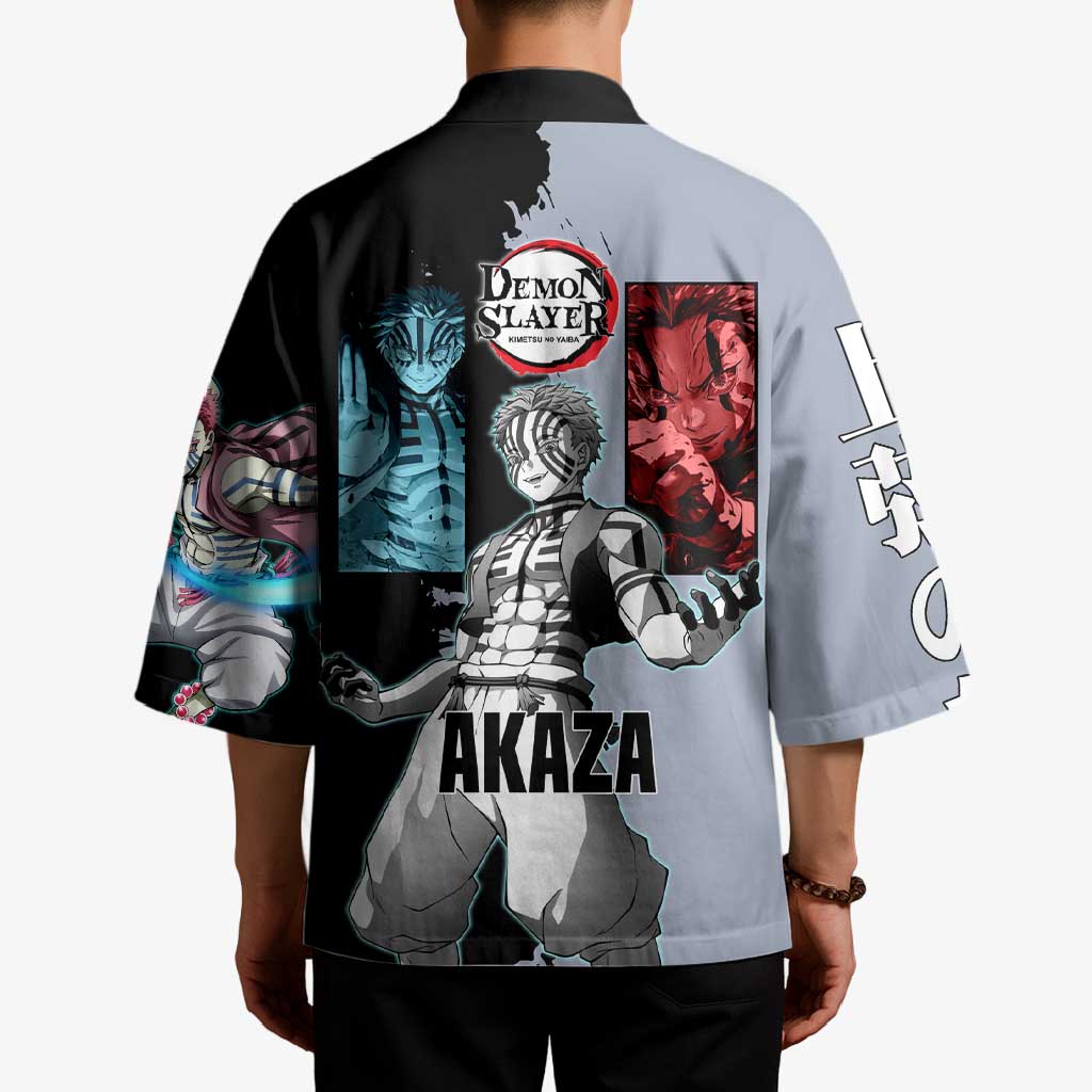 Akaza from Demon Slayer Kimono with Split Color Background and Martial Arts Pose Manga Style Design - The Mazicc