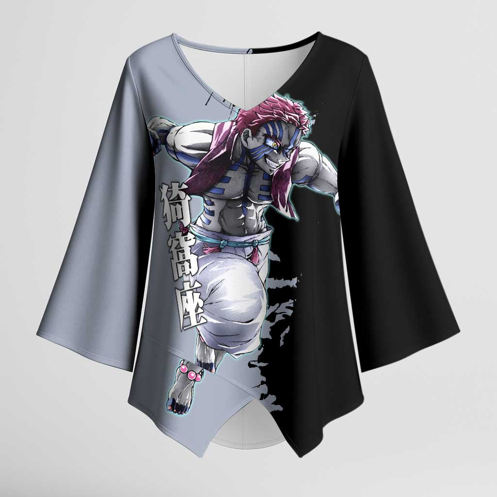Akaza from Demon Slayer Kimono Sleeve Blouse with Split Color Background and Martial Arts Pose Manga Style Design - The Mazicc