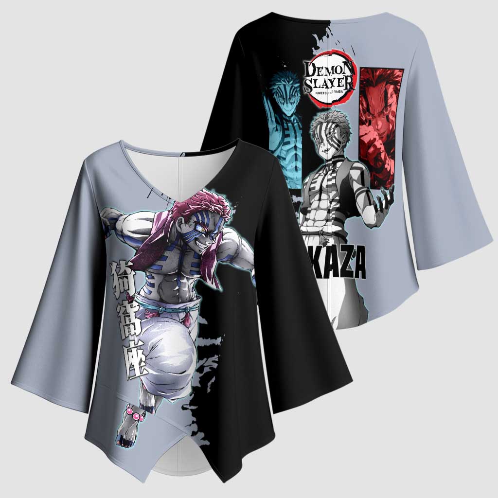 Akaza from Demon Slayer Kimono Sleeve Blouse with Split Color Background and Martial Arts Pose Manga Style Design - The Mazicc