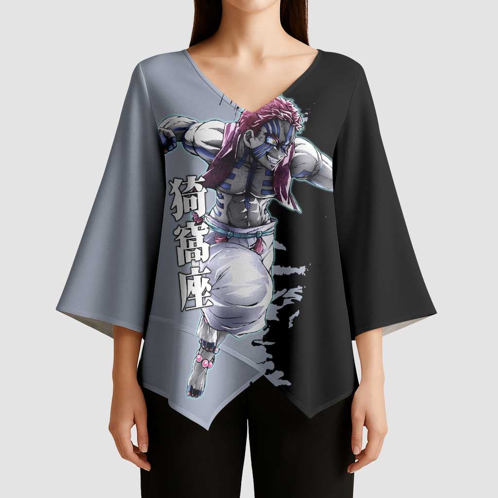 Akaza from Demon Slayer Kimono Sleeve Blouse with Split Color Background and Martial Arts Pose Manga Style Design - The Mazicc
