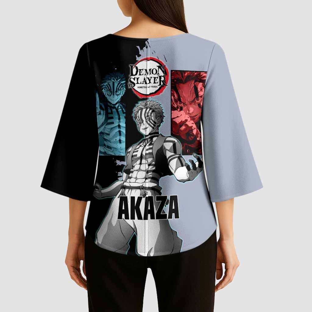 Akaza from Demon Slayer Kimono Sleeve Blouse with Split Color Background and Martial Arts Pose Manga Style Design - The Mazicc