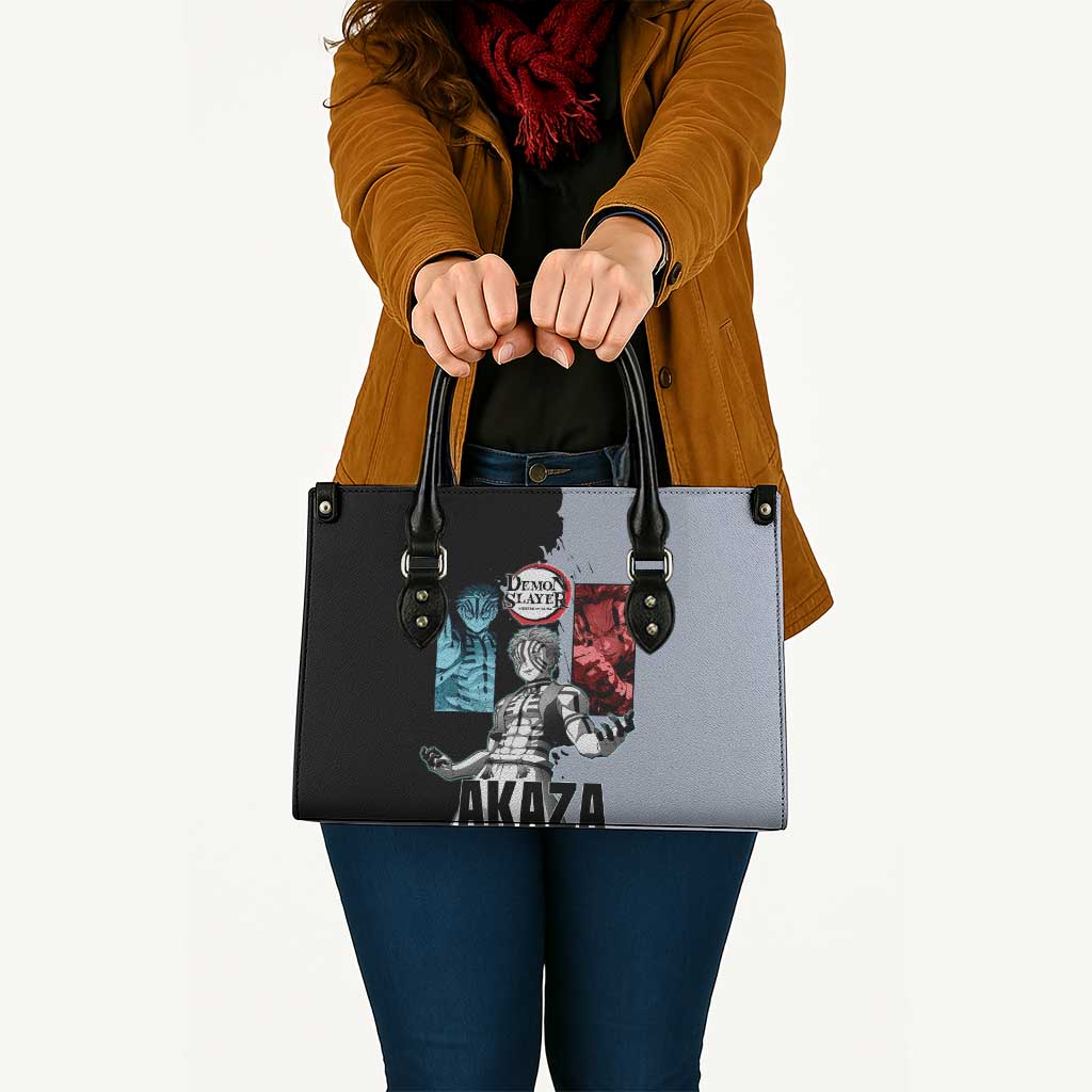 Akaza from Demon Slayer Leather Bag with Split Color Background and Martial Arts Pose Manga Style Design - The Mazicc