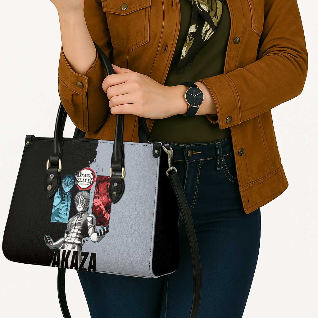 Akaza from Demon Slayer Leather Bag with Split Color Background and Martial Arts Pose Manga Style Design - The Mazicc