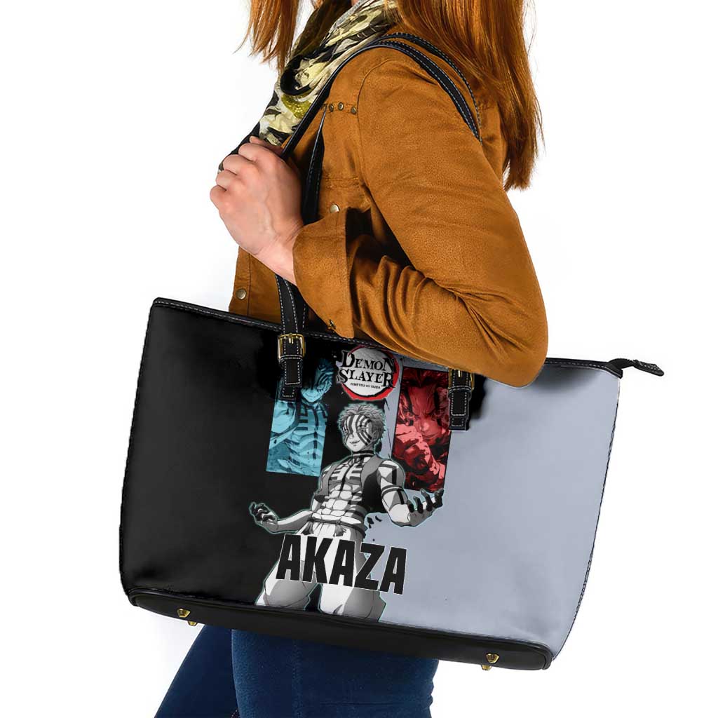 Akaza from Demon Slayer Leather Tote Bag with Split Color Background and Martial Arts Pose Manga Style Design - The Mazicc